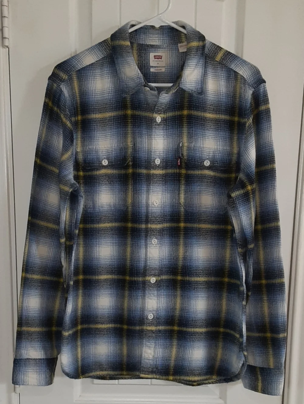 Levi's Jackson Worker Flannel Overshirt Shacket Plaid Blue Yellow Small Flaw